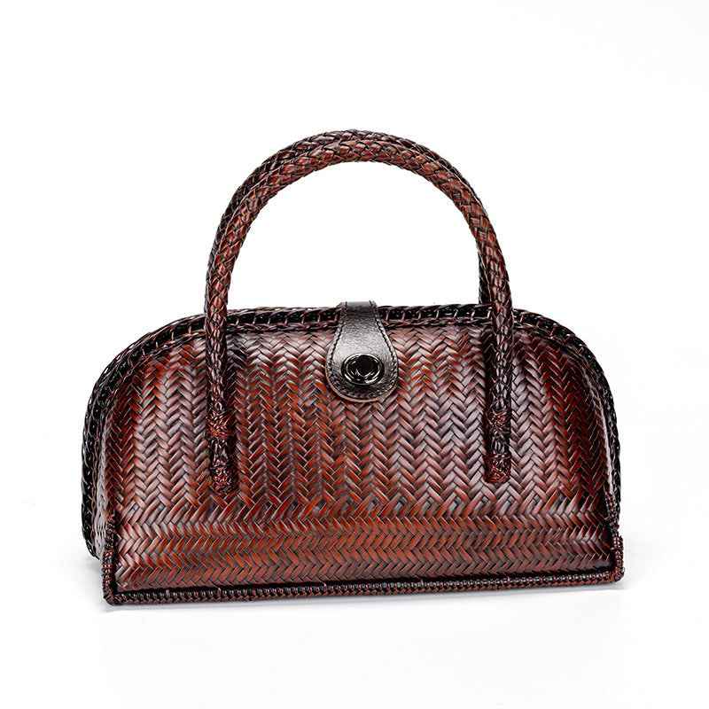 Handwoven Bamboo Half Moon Top Handle Bag - Vintage Woven Purse